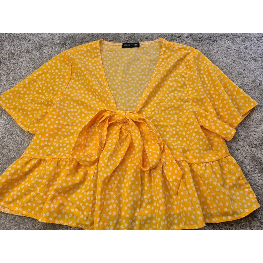 Bloomchic Yellow Floral Ruffle Sleeve Tie Neck Blouse Size 14